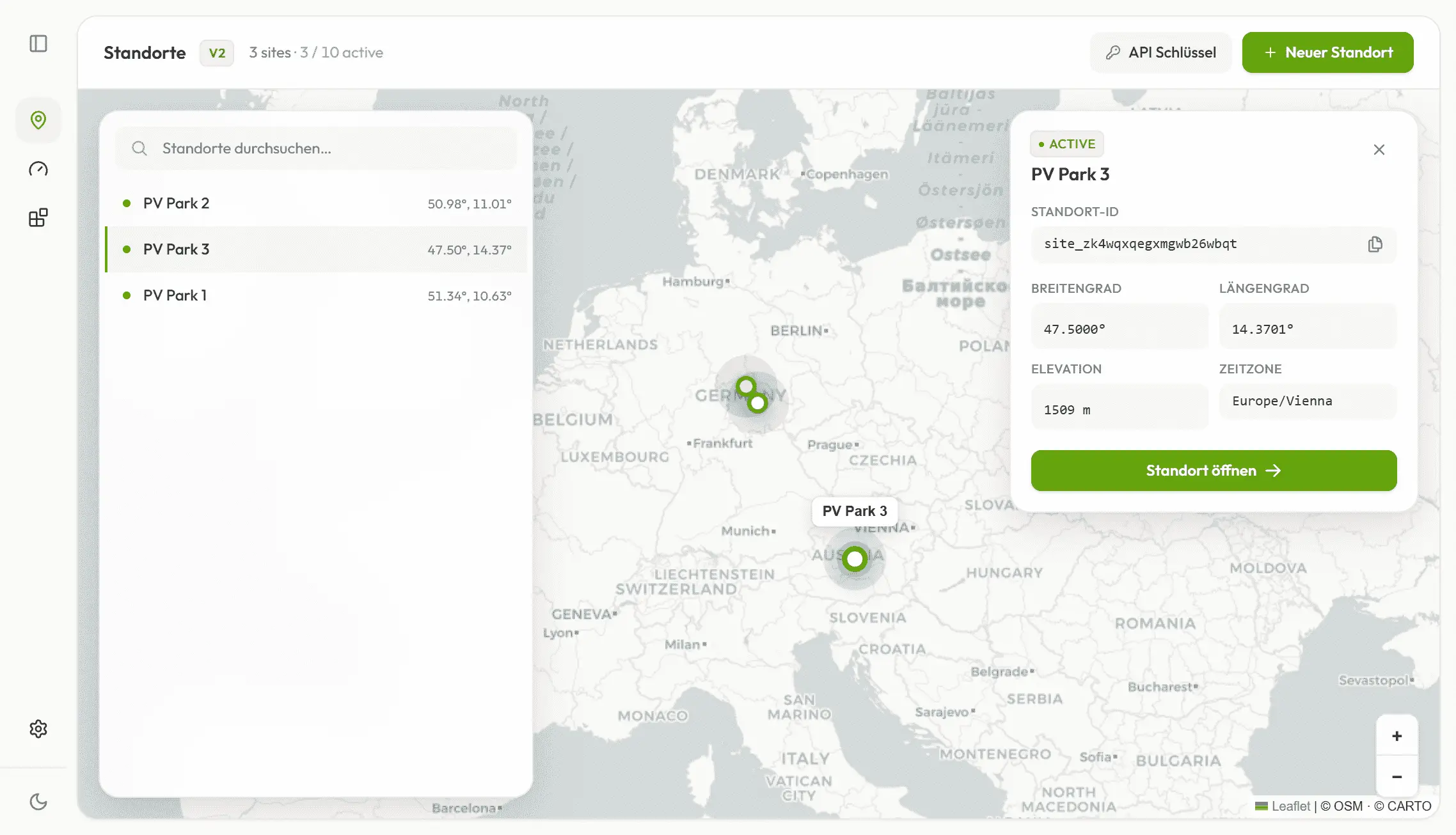 Das neue pvnode-V2-Dashboard mit interaktiver Standortkarte